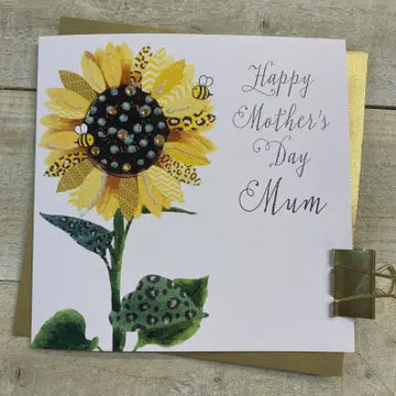 Mothers Day Card: Mum Sunflower Hand Finished Crystals & Glitter - Yellow - White Cotton Cards