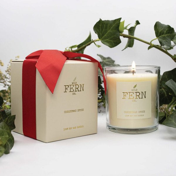 Scented Candle: CHRISTMAS Wild Fern Boxed - Red Ribbon - Irish Botanicals