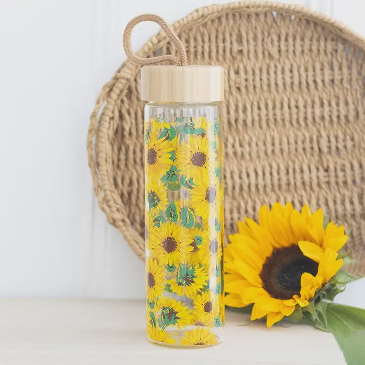 Water Bottle: Glass Bamboo Sunflowers - Yellow - Something Different