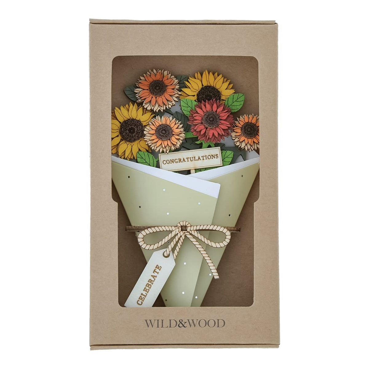 Ornament: Wood 3D Flower Card Congratulations - Natural - Wild & Wood
