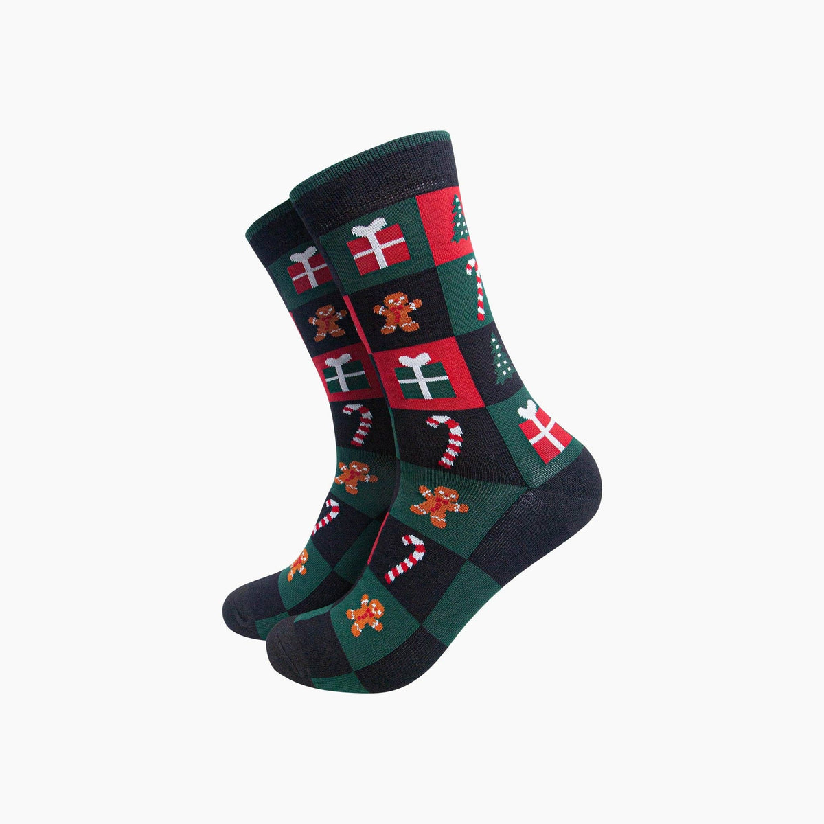 Men's Socks:  Christmas Treat Squares  Bamboo - Black/Green/Red - Sock Talk