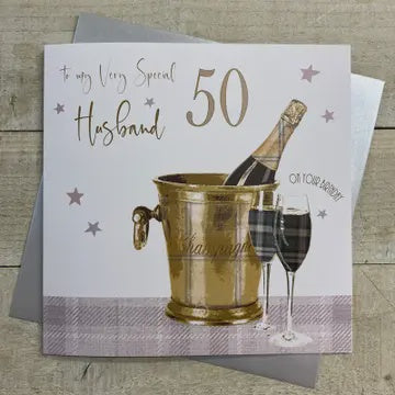 Age 50th Card: Husband Champagne Bucket Hand Finished Crystals & Glitter - Gold - White Cotton Cards