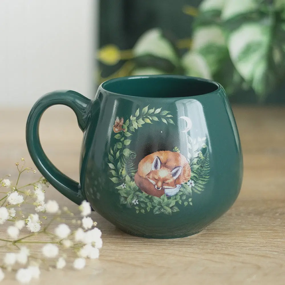 Autumnal Mug: Ceramic Rounded Sleeping Fox  - Green - Something Different