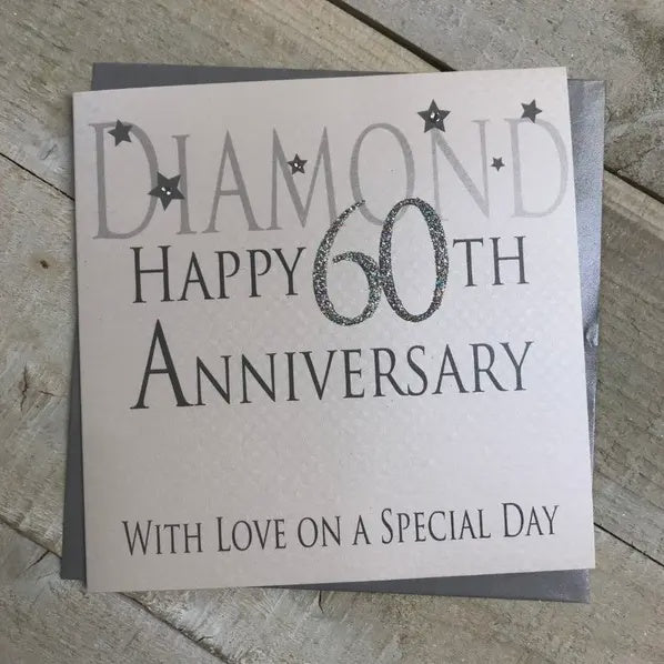 Anniversary Card: Diamond 60th Handmade Crystals Glitter - Silver - White Cotton Cards