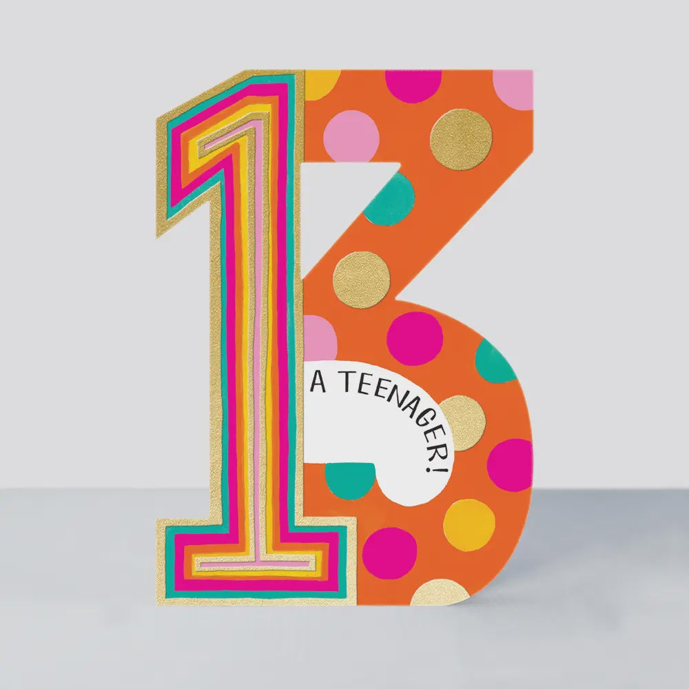 Childrens Age 13th Card: GIRL Bright Spotty Teenager - Orange- Rachel Ellen
