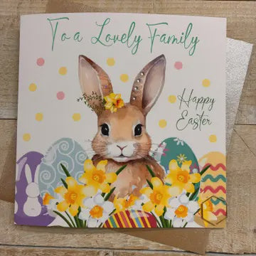 Easter Card: Easter Bunny Lovey Family  Hand Finished Crystals & Glitter - Pastels - White Cotton Cards
