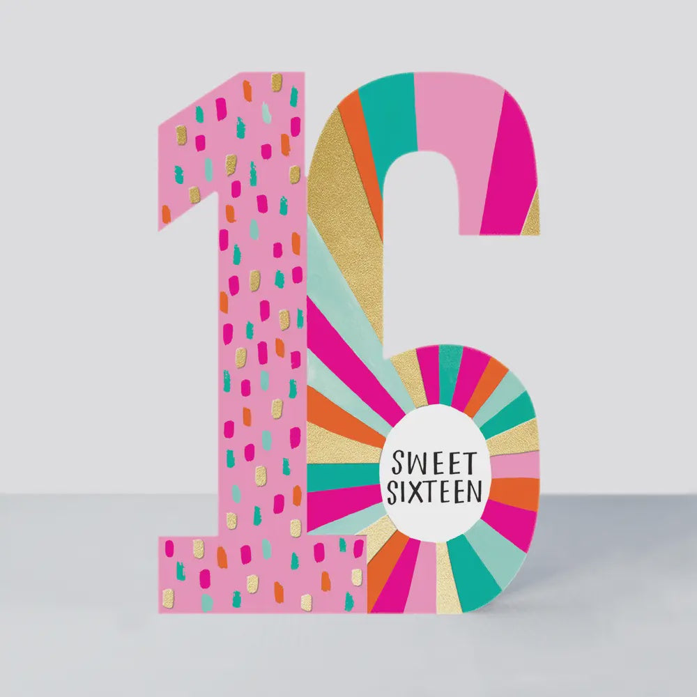 Age 16th Card: GIRL Bright Pink Spots & Stripes - Pink - Rachel Ellen