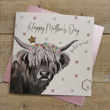 Mothers Day Card: Dotty Highland Cow Hand Finished  - White - White Cotton Cards
