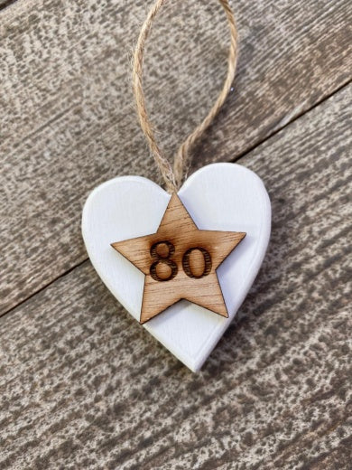 Chunky Age Birthday - 80 Hanging Heart Wood Sentiment Decoration - White w Natural Star Tag