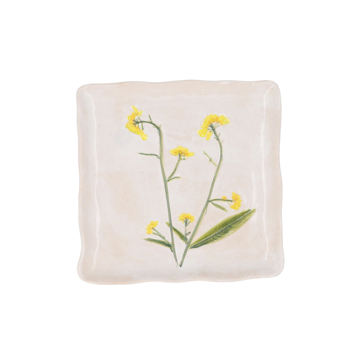 Plate: Square Sided Meadow Yellow Flower - White - Gisela Graham