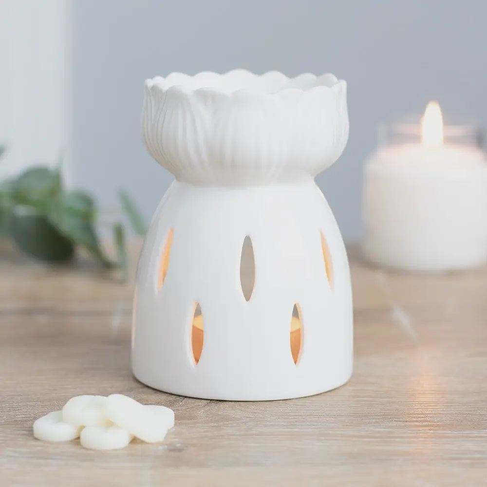 Oil Burner Wax Melter: Ceramic Lotus Flower  - White - Something Different