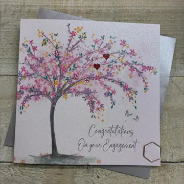 Engagement Card: Congratulations Blossom Tree Hand Finished Crystals & Glitter - Pink - White Cotton Cards