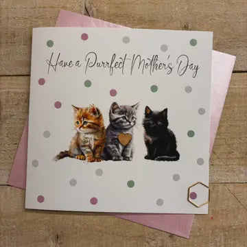 Mothers Day Card: Dotty Cats Have A Purrfect Day Hand Finished - White - White Cotton Cards