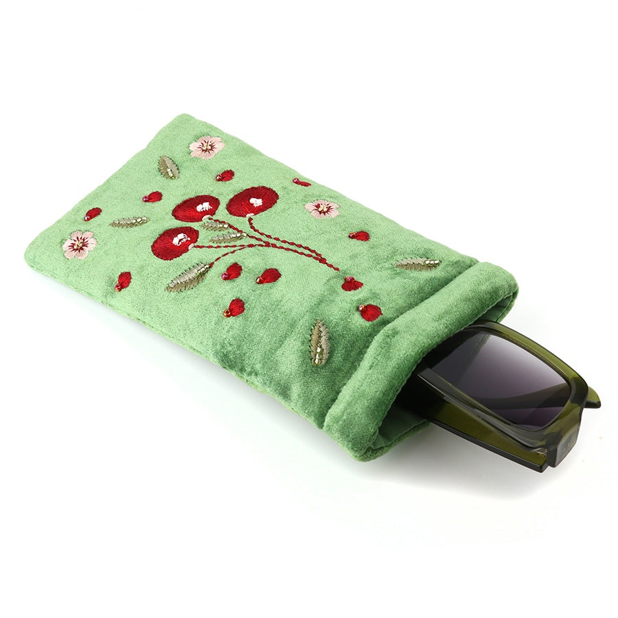 Glasses Case - Velvet Embroidered Cherries & Flowers - Green - POM