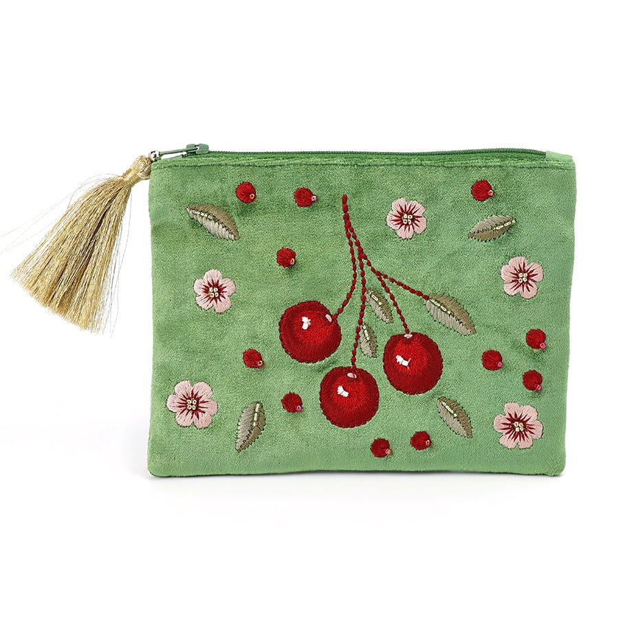 Purse Pouch: Velvet Embroidered Cherries & Flowers  - Green - POM