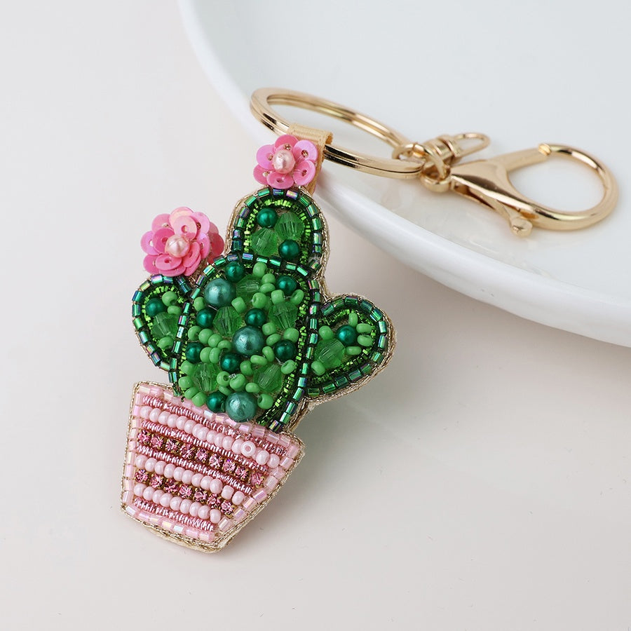 Keyring: Beaded Cactus - Green & Pink - POM
