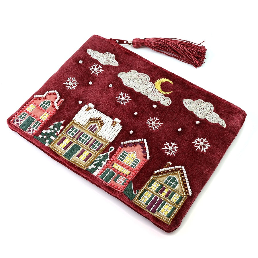 Purse Pouch: Velvet Embroidered Winter Street Scene  - Red - POM