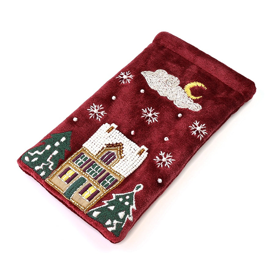 Glasses Case - Velvet Embroidered Winter Street Scene  - Red - POM