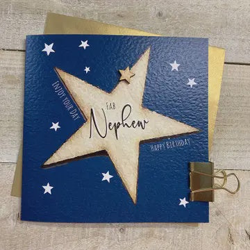 Nephew Card: Big Star Hand Finished Wooden Star - Blue -White Cotton Cards