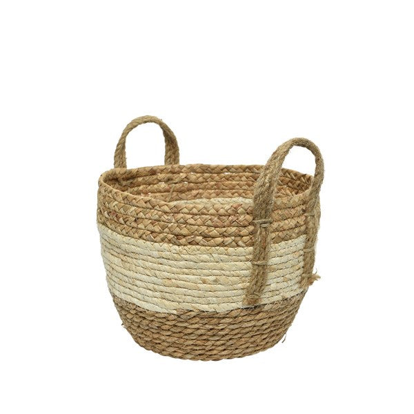 Basket: Straw Round Handles Stripes - Natural & Cream