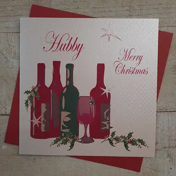 Christmas Card: Hubby Wine Bottles Hand Decorated- White Cotton Cards