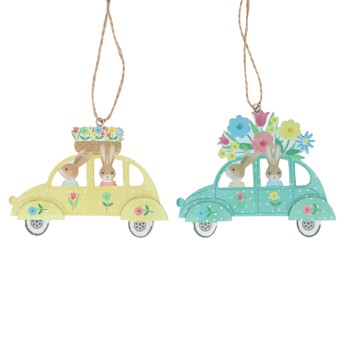 Easter Hanging Dec: Wooden Rabbits In Car With Flowers - Pastel - Gisela Graham