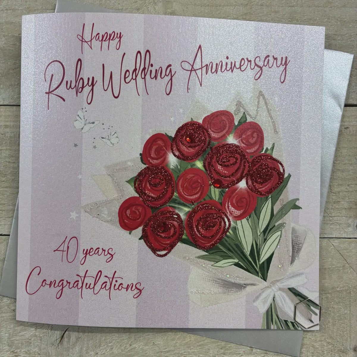 Anniversary Card: 40th Ruby Anniversary Bouquet Of Red Roses  - Hand Finished - White Cotton Cards