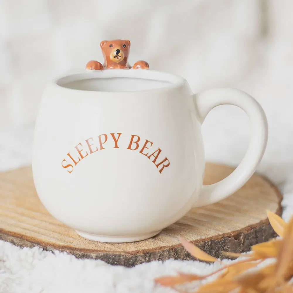 Autumnal Mug: Ceramic Rounded Sleepy Bear - White - Something Different