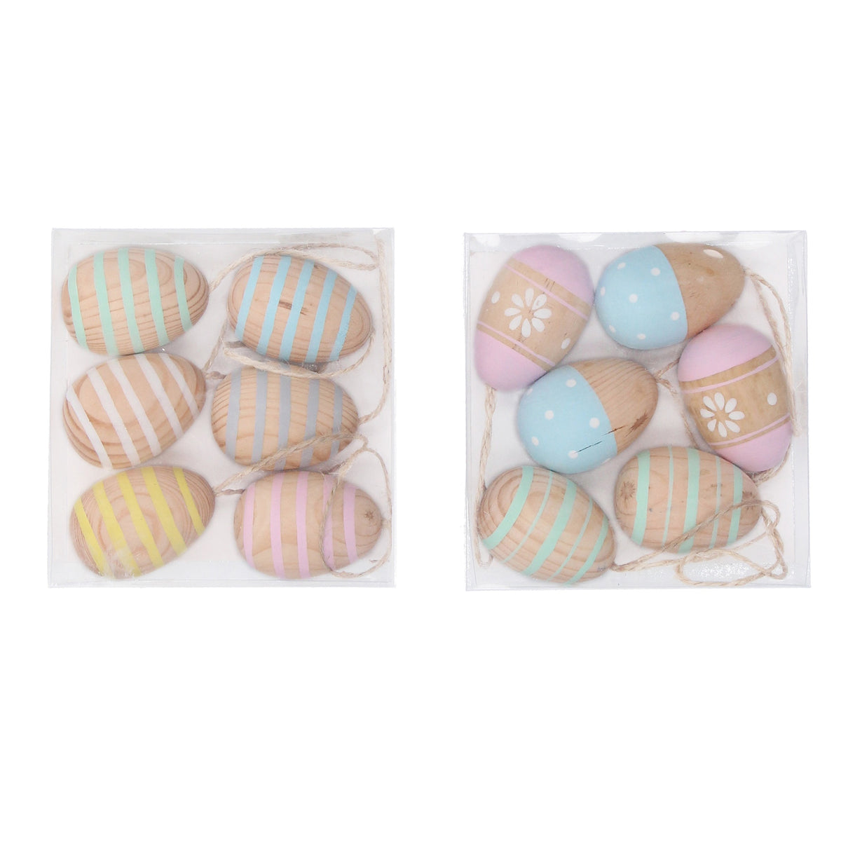 Easter Hanging Dec: Wood Egg Stripe Painted - White & Natural - Gisela Graham