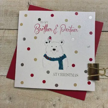 Christmas Card: Brother & Partner Dotty Bear Hand Decorated- White Cotton Cards