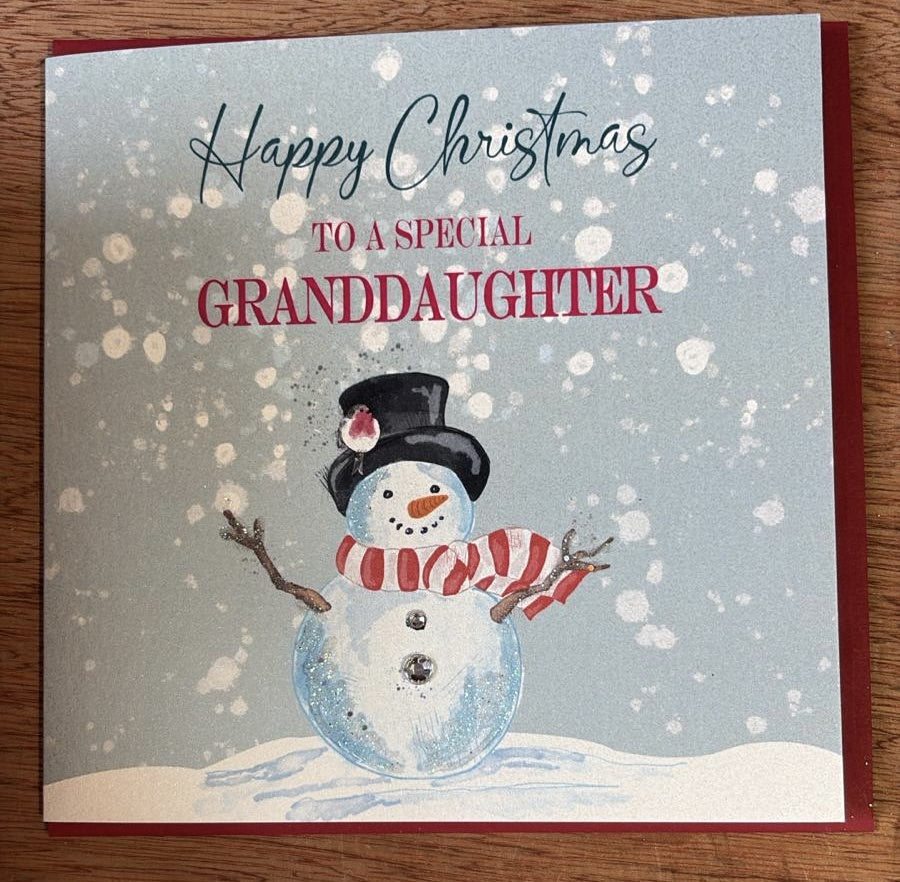 Christmas Card: Granddaughter Snowman Hand Decorated- White Cotton Cards