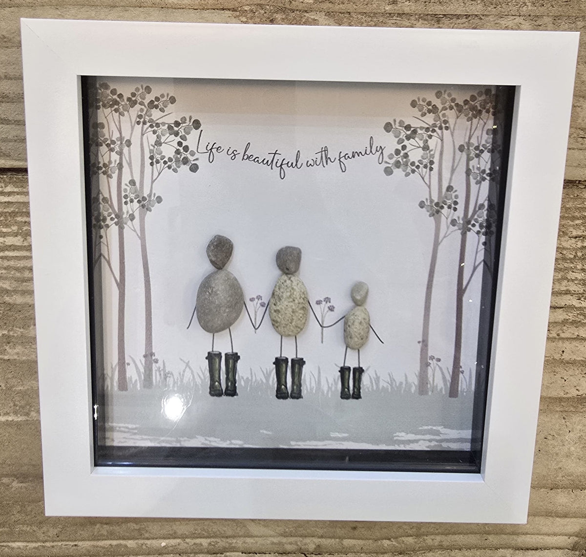 Pebble Picture: Family Welly Life Is Beautiful With Family (3) - White Box Frame - La de Da Living