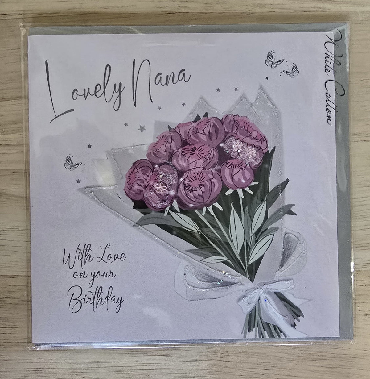 Nana Card: Lovely Nana With Love on Your Birthday - Bouquet of Flowers Hand Finished Crystals & Glitter -Pink - White Cotton Cards