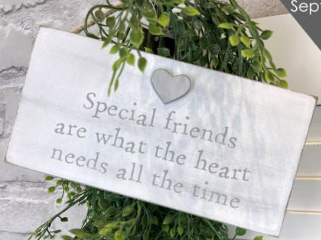Small Plaque: Wood Distressed Special Friends What The Heart Needs Heart - White & Grey