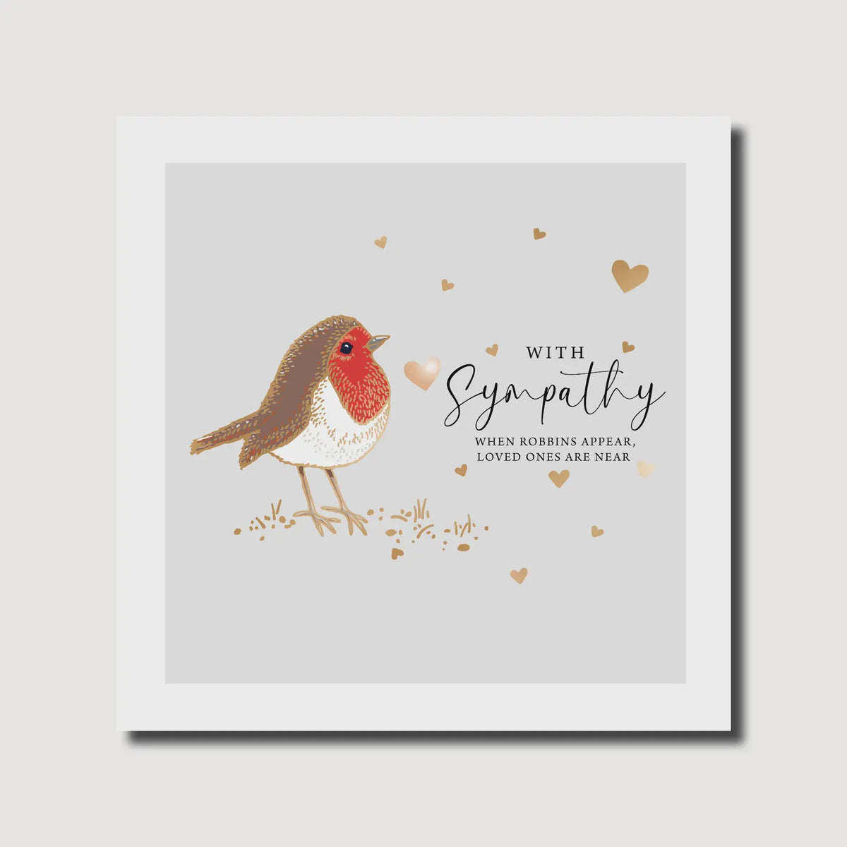 Sympathy Card: Robin With Gold Hearts - Grey - Marina B
