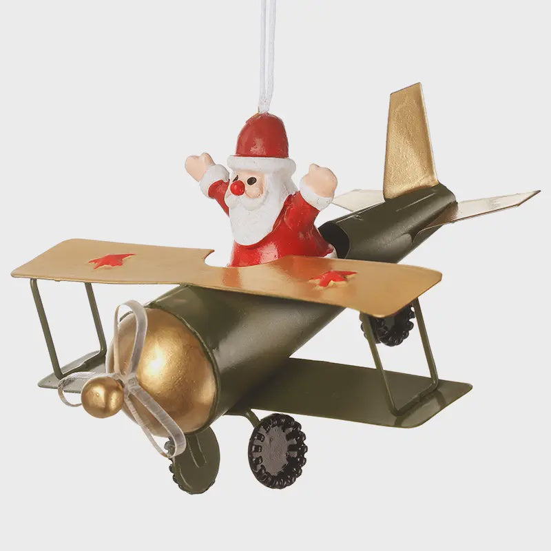 Christmas Tree Decoration: Metal Hanging Areoplane With Santa - Heaven Sends