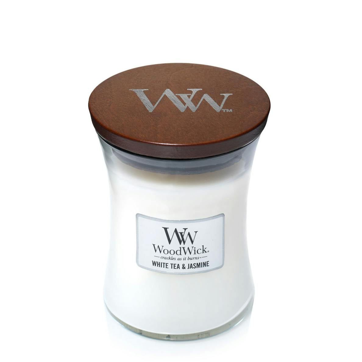 Candle: Scented Woodwick Glass Medium Jar 10oz - White Tea & Jasmine