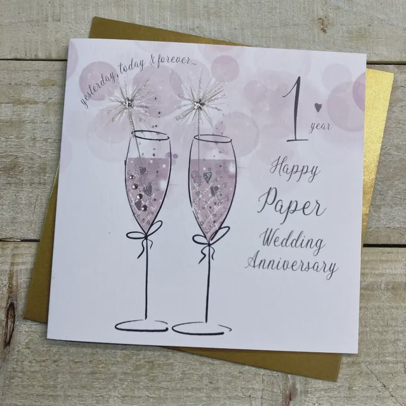 Anniversary Card: 1st Paper Anniversary Champagne Glasses  - White Cotton Cards