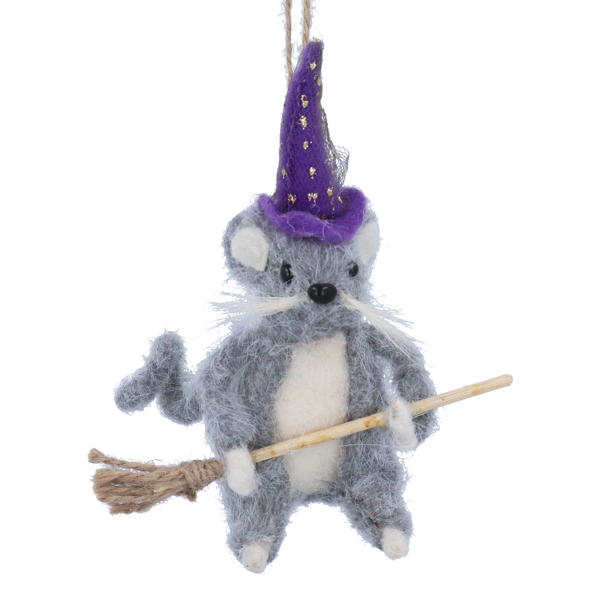 Halloween Hanging Dec: Mixed Wool Mouse w Broom   - Grey - Gisela Graham