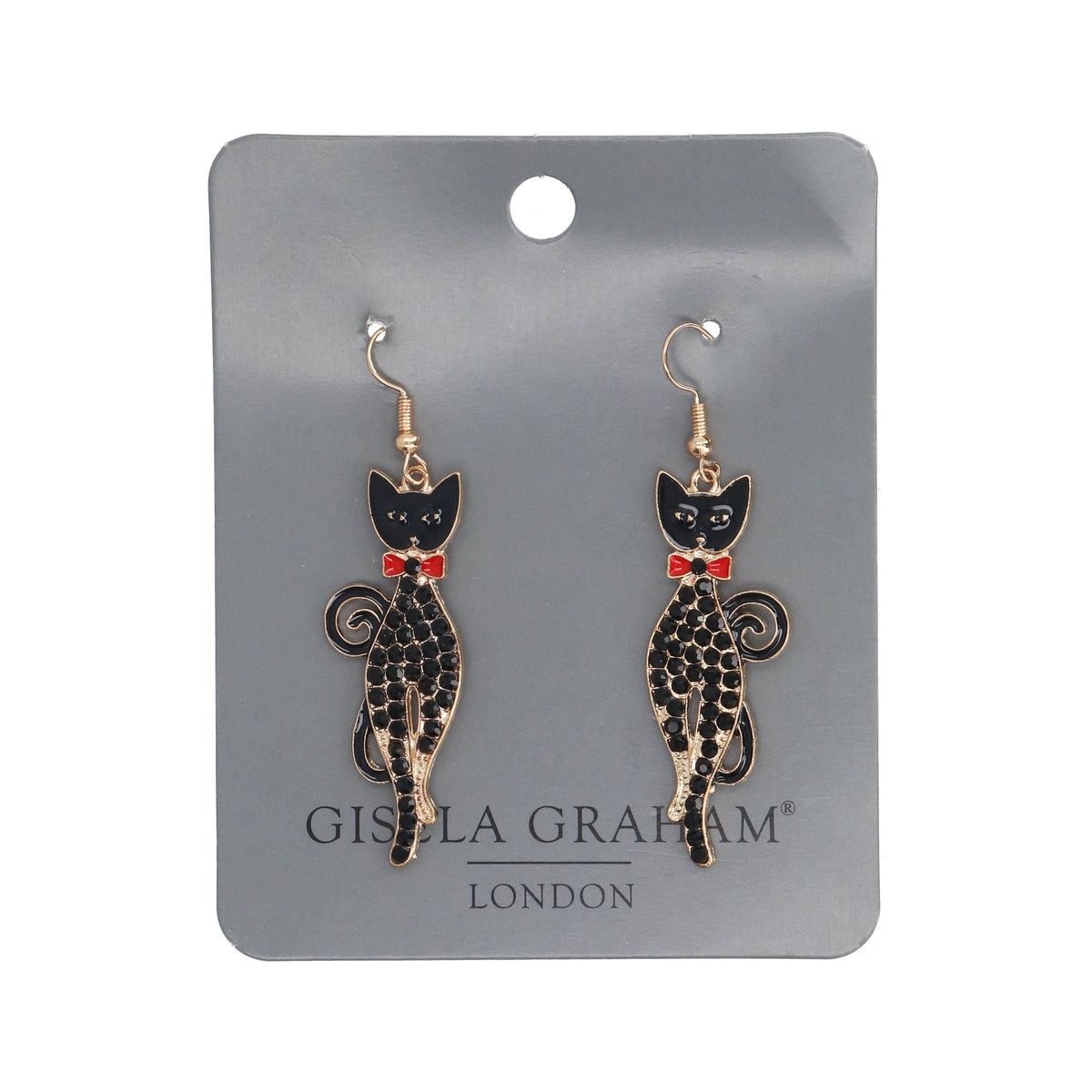 Halloween Earrings: Metal Glass Cat - Black - Gisela Graham