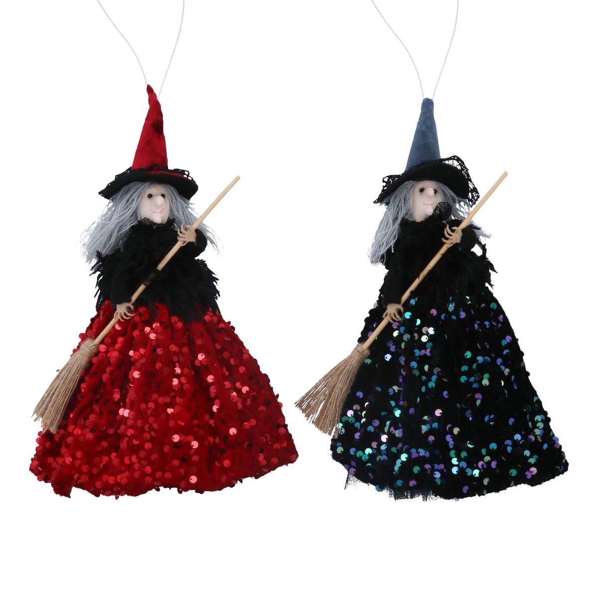 Halloween Hanging Dec: Fabric Witch Sequin  - Red Blue - Gisela Graham