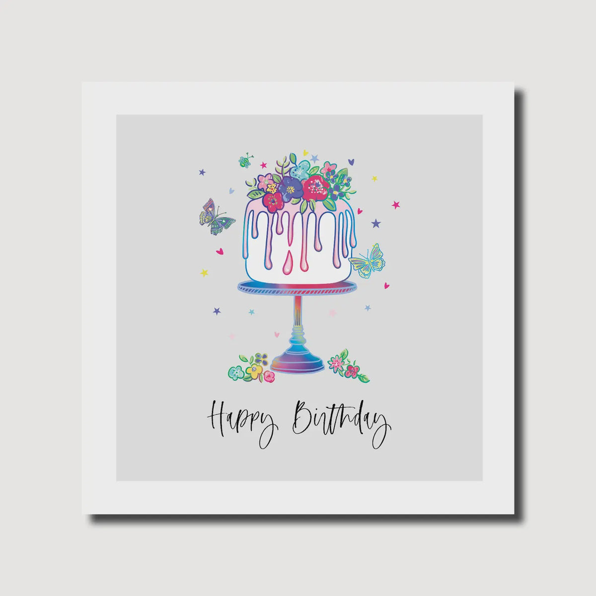 Birthday Card: Flower Cake On Stand - Colourful - Marina B