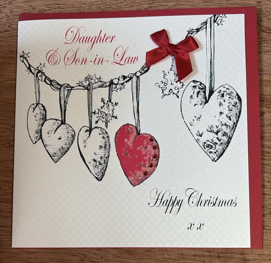 Christmas Card: Daughter & Son In Law  Hearts - White Cotton