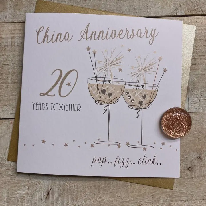 Anniversary Card: 20th China Anniversary Champagne Glasses - White Cotton Cards
