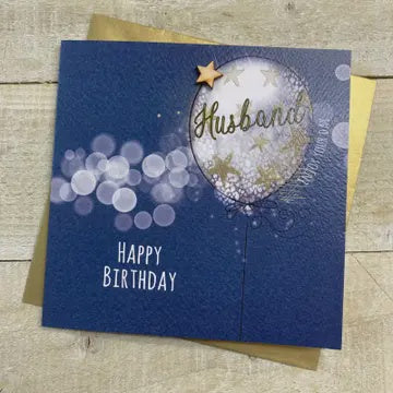 Husband Card: Balloon Happy Birthday Hand Finished  - Blue - White Cotton Cards