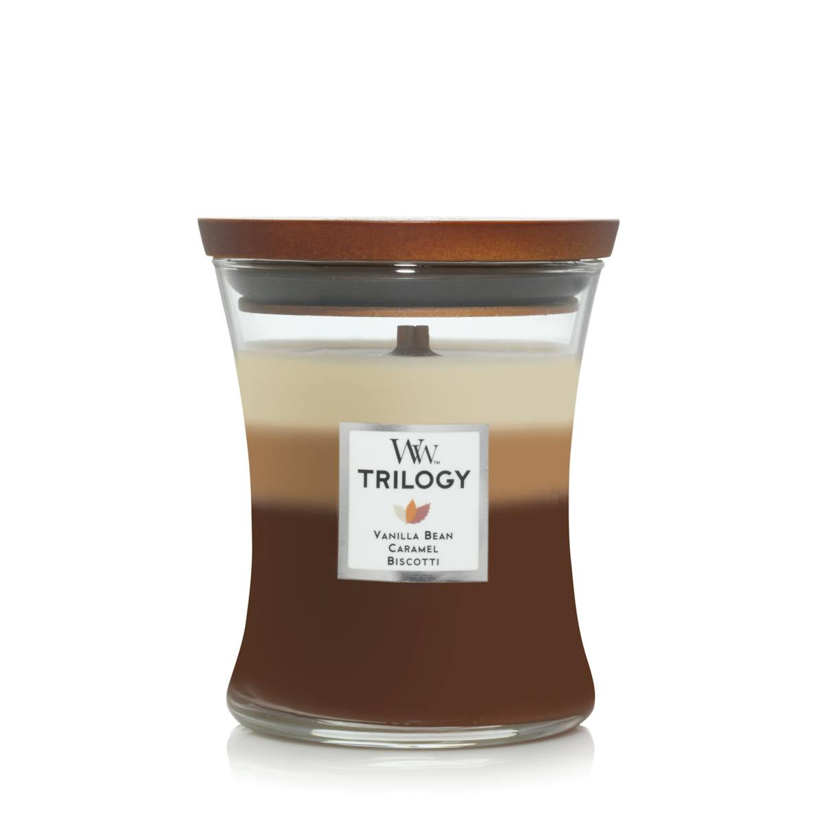 Candle: Scented Woodwick Trilogy Glass Medium Jar 10oz - Cafe Sweets Vanilla Bean, Caramel, Biscotti