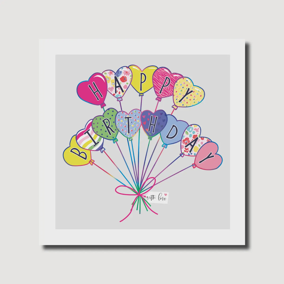 Birthday Card: Heart Balloon With Ribbon - Colourful - Marina B