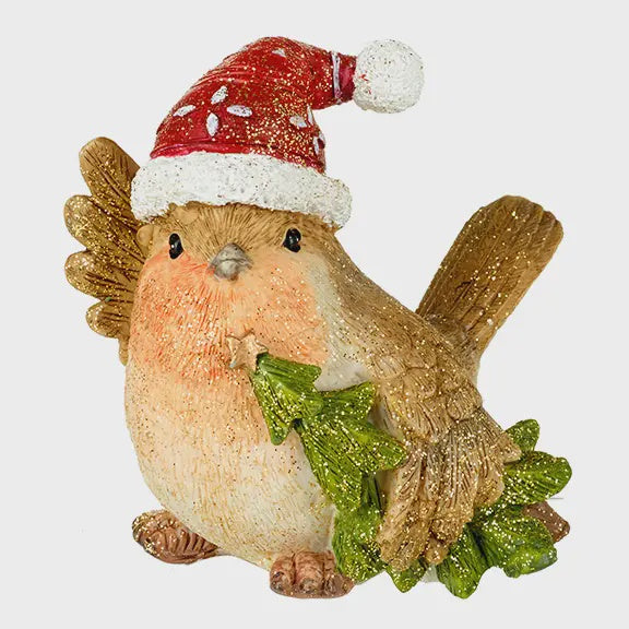Christmas Ornament: Ceramic Robin With Xmas Hat & Tree  - Heaven Sends
