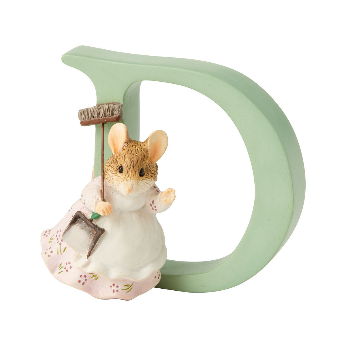 Letter Ornament: Handpainted Cast Stone  D   HUNCA MUNCA SWEEPING - Peter Rabbit