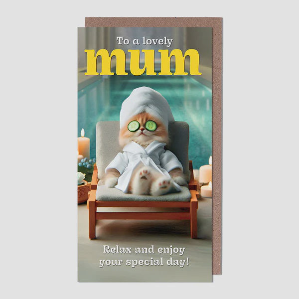 Birthday Card: To a Lovely Mum - Relaxing Cat in Spa - Pigment